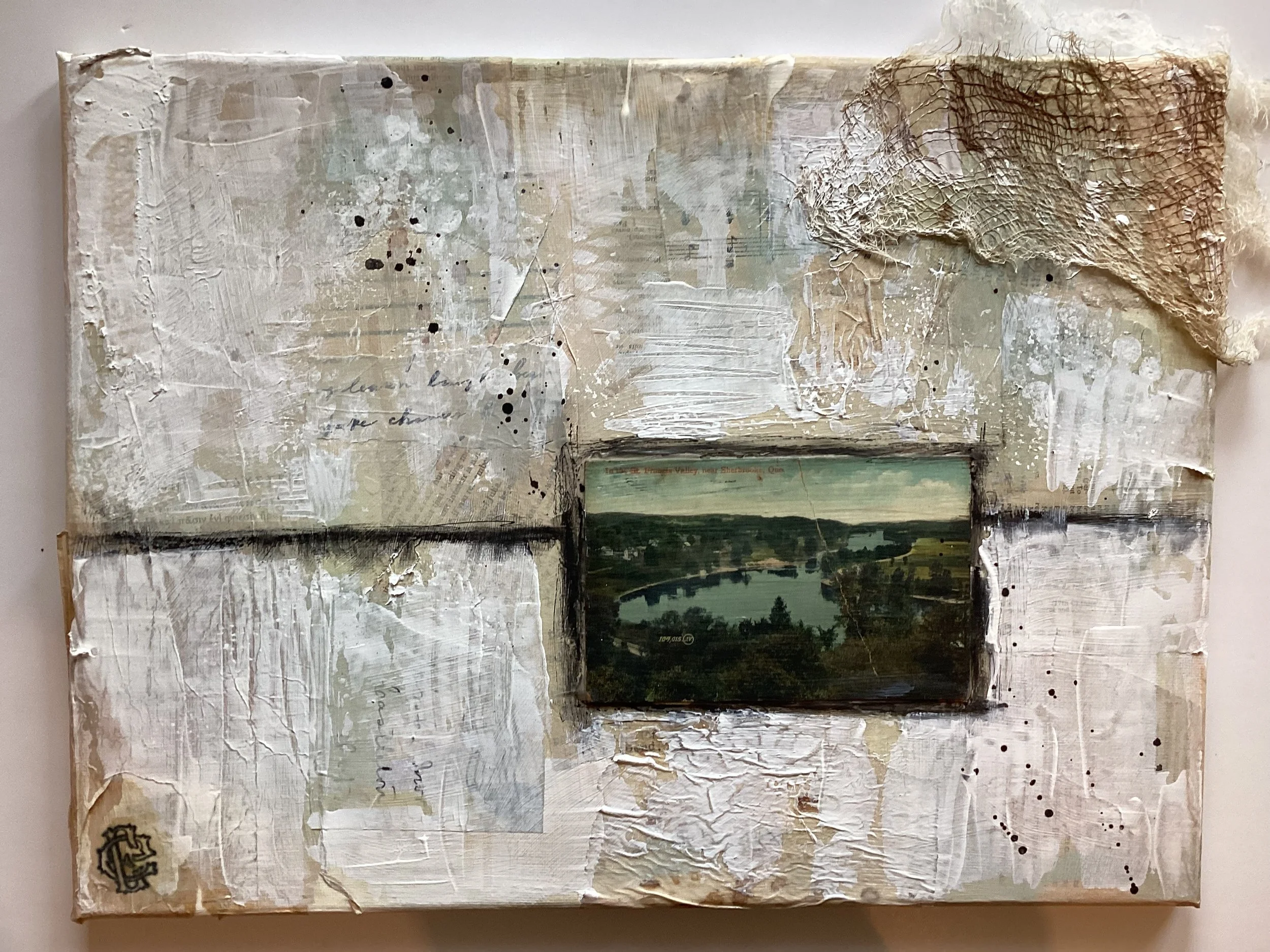  Sherbrooke 
 
With Frame. 14” x 18”. Artwork only. 12” x 16”
 
Collage with antique postcard, acrylic paint and ink.
 
$260.00