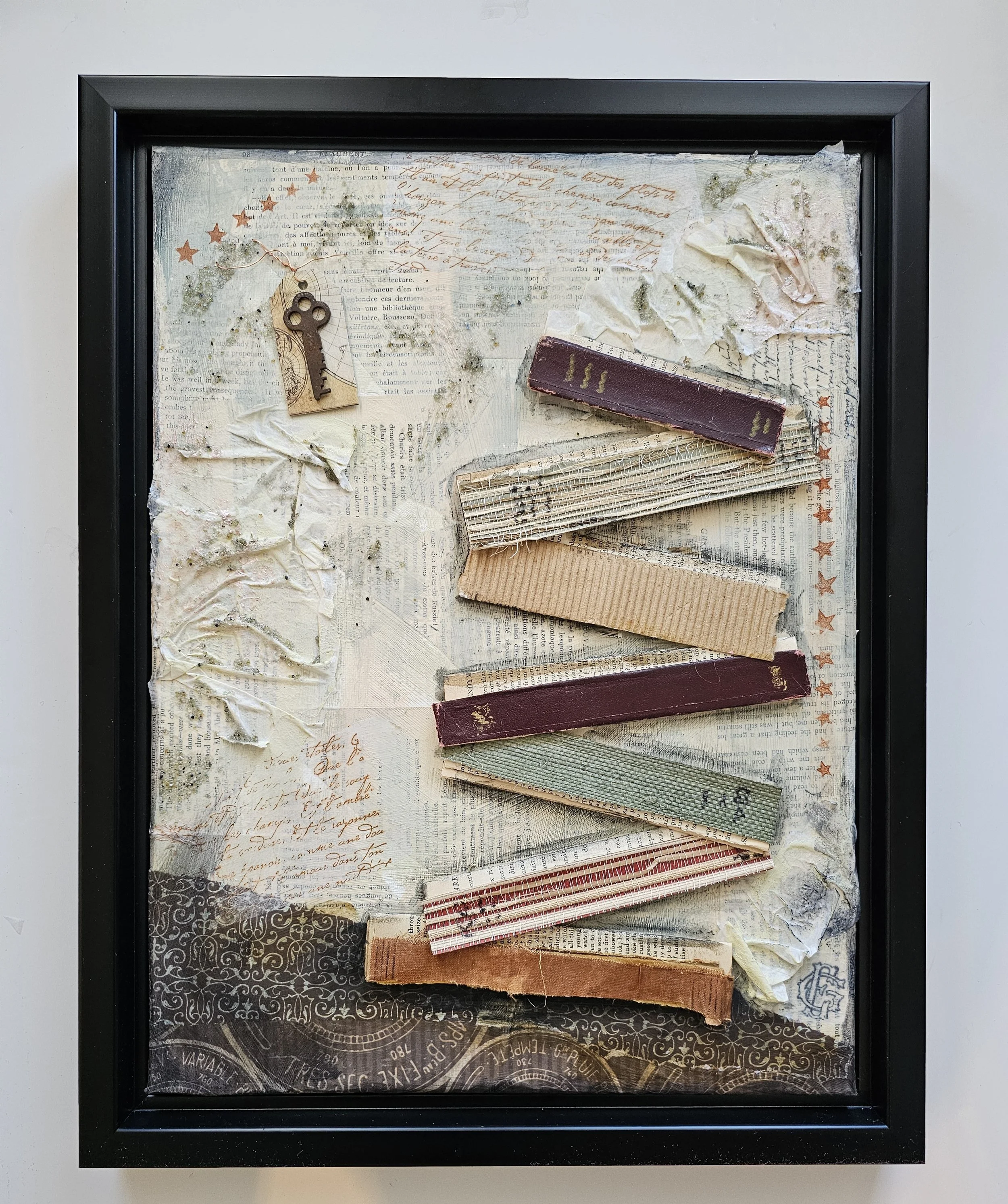  Bookish #6 
 
14" x 18”
 
$360.00
 
Collage of vintage papers, book covers and spines and acrylic paint