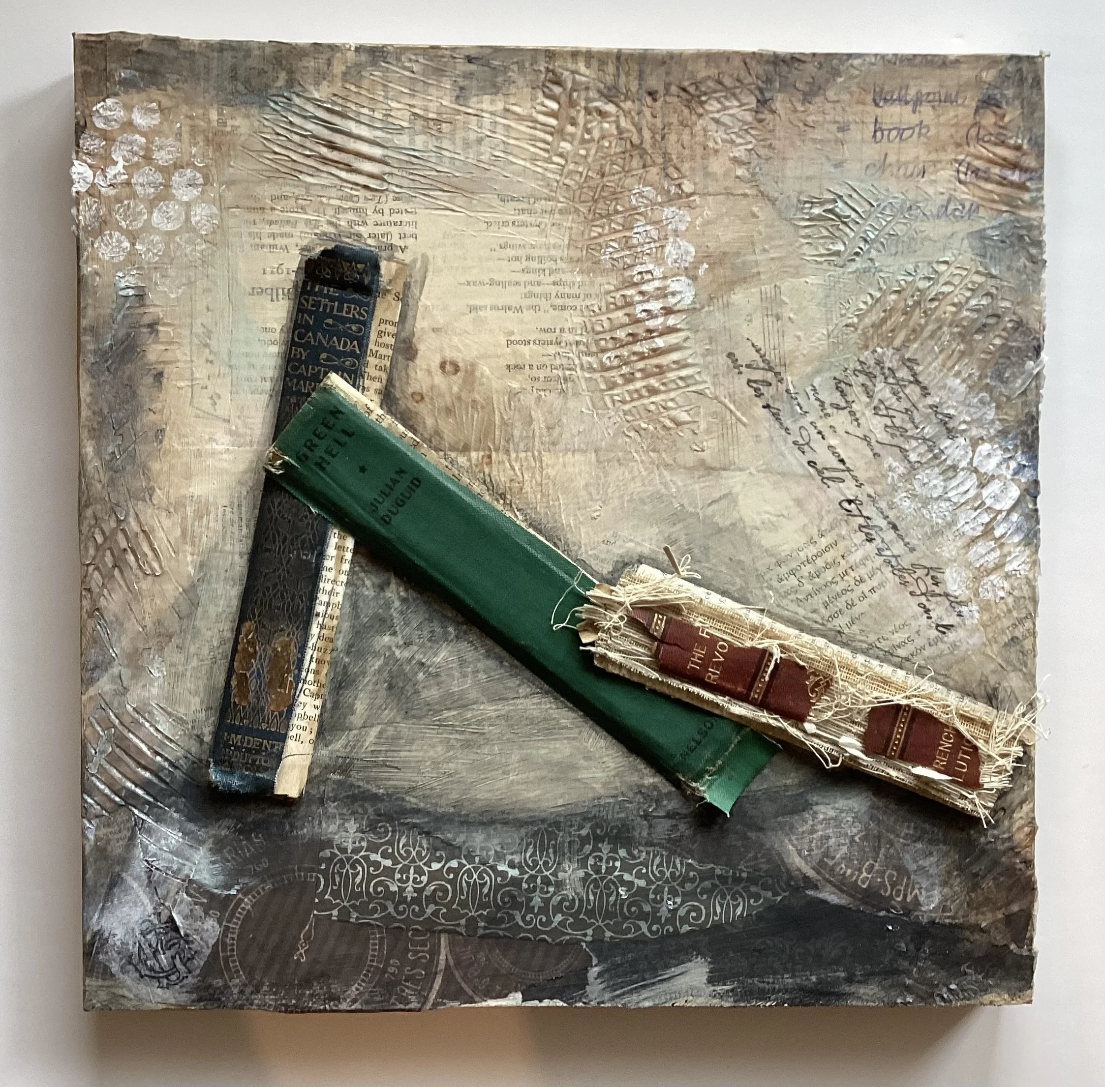  Bookish #11 
 
12” x 12”
 
$175.00
 
Collage of vintage papers, book spines and acrylic paint on wooden panel