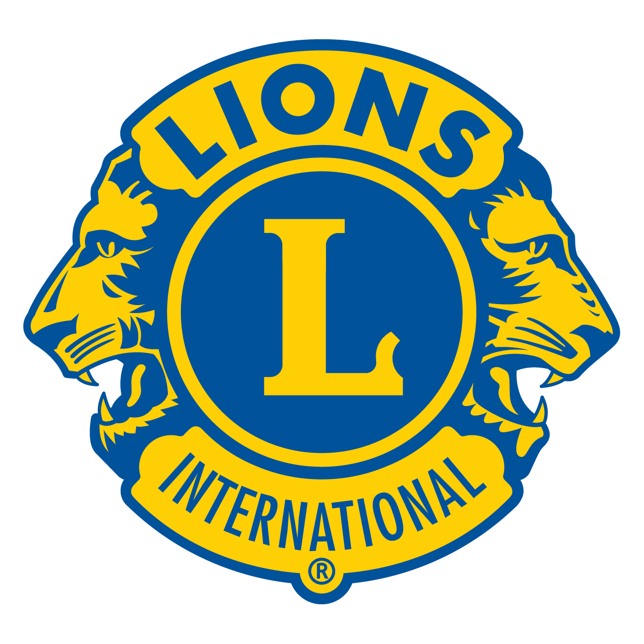 Lions Clubs International logo with two lion heads facing opposite directions on either side of a blue circle with a yellow outline, containing a yellow letter 'L' in the center. The word 'LIONS' is above the circle and 'INTERNATIONAL' below, both in yellow text.