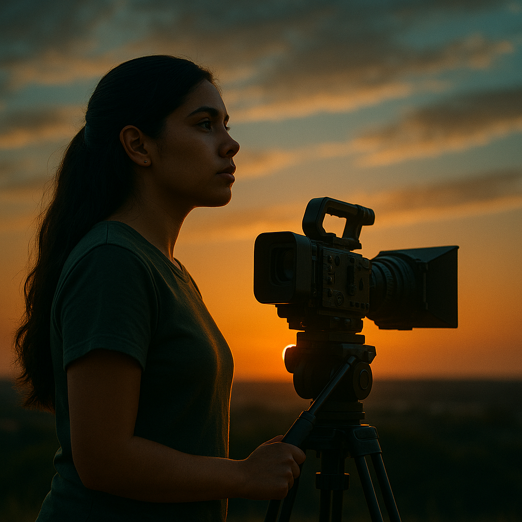 A woman operating a video camera outdoors during sunset.