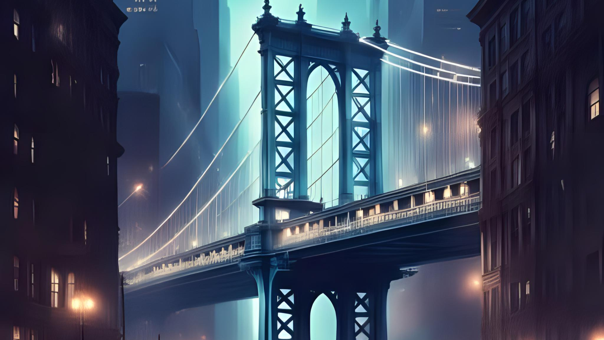 Digital art of the San Francisco Bay Bridge at night, with tall city buildings on either side and illuminated cables.