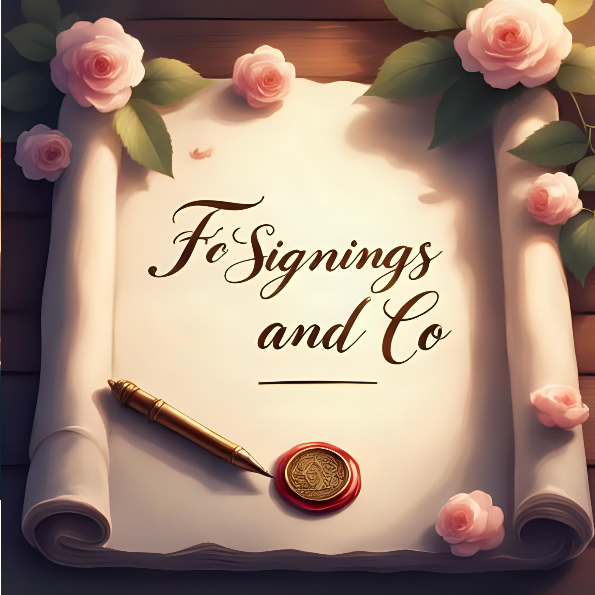A decorative document with the words 'To Signings and Co' written in elegant cursive, adorned with pink roses and green leaves, a gold pen, and a wax seal, all on a scroll-like white background.