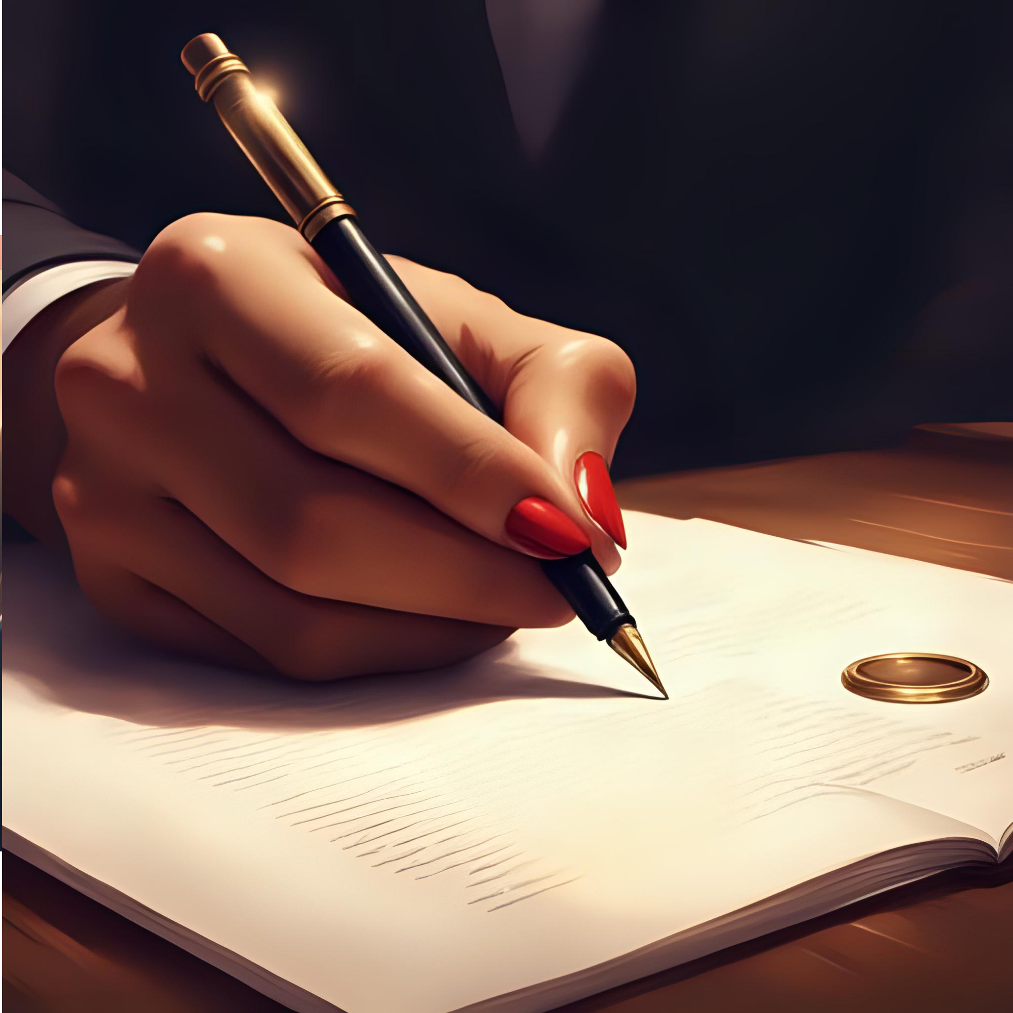 Close-up of a woman's hand writing with a black and gold fountain pen on a white paper with visible lines, and a gold seal on the paper.