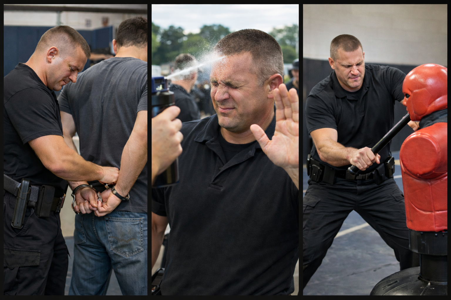 A police officer handcuffing a person, a man spraying water at his face with a spray bottle with a distressed expression, and a man wearing black fighting a red punching bag.