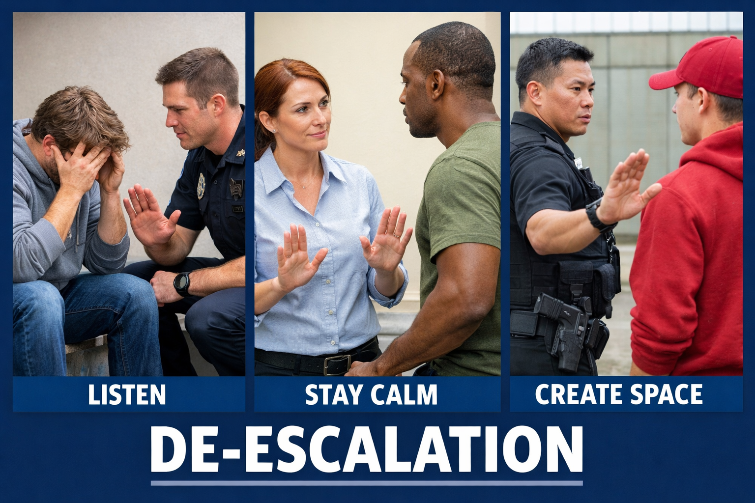Three panels with different conflict resolution scenes: a man being comforted by a police officer, two people calmly talking, and a police officer stopping a young man. Text at the bottom reads 'De-Escalation' with tips: 'Listen,' 'Stay Calm,' and 'Create Space.'