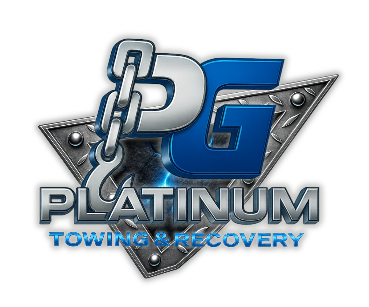 Logo for PD Platinum Towing & Recovery featuring a chain and metallic arrow.