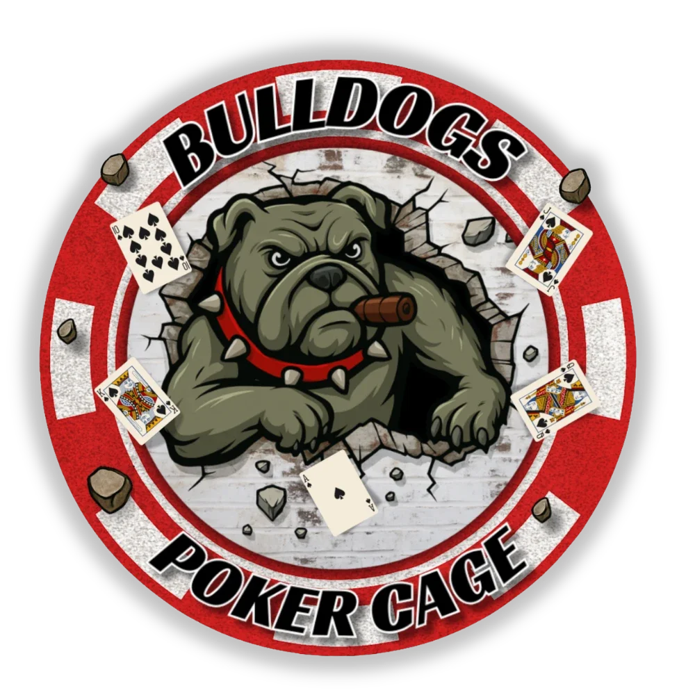 A bulldog with a cigar in its mouth breaking through a wall with falling rocks and playing cards around it, surrounded by a red circle with the words "Bulldogs Poker Cage."