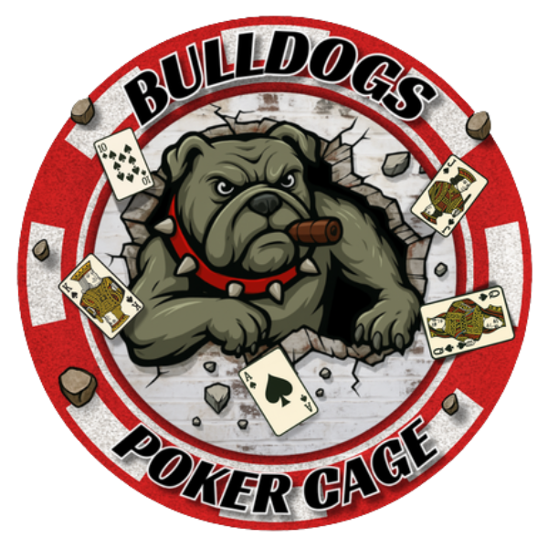 A bulldog with a cigar in its mouth breaking through a wall with falling rocks and playing cards around it, surrounded by a red circle with the words "Bulldogs Poker Cage."
