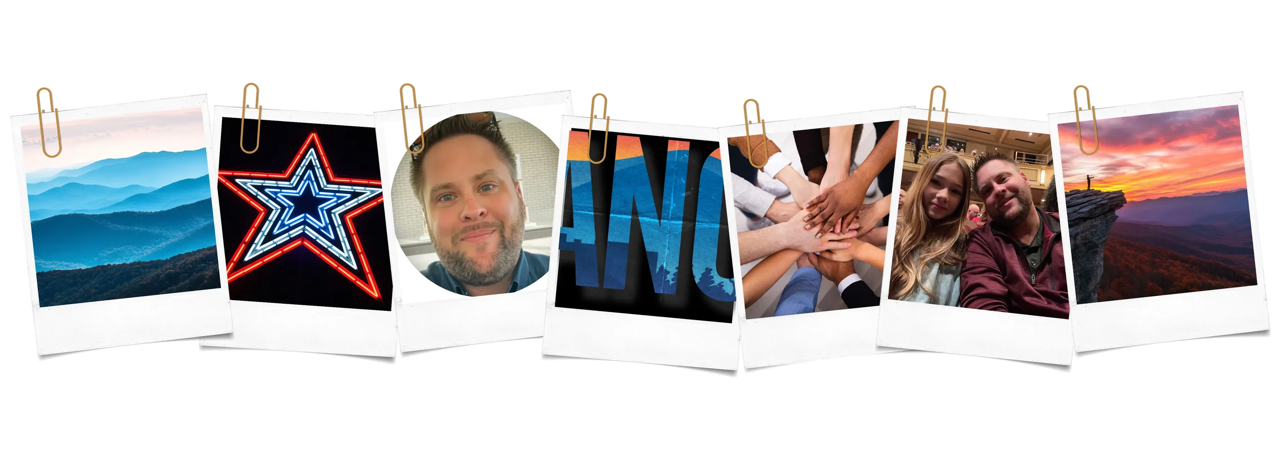 A series of seven Polaroid-style photos hanging on a string with gold clips. The photos depict a mountain landscape, a neon star sign, a close-up of a man's face, a stylized "NF" logo, a group of hands stacked together, a man and woman sitting together, and a sunset over mountains.