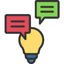 Colorful animated idea lightbulb with thought captions above.