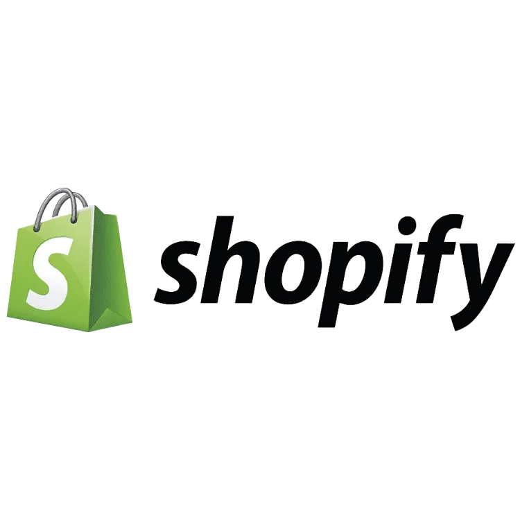 Shopify logo, a green shopping bag with a white 'S' on it, and the word 'shopify' in black text.