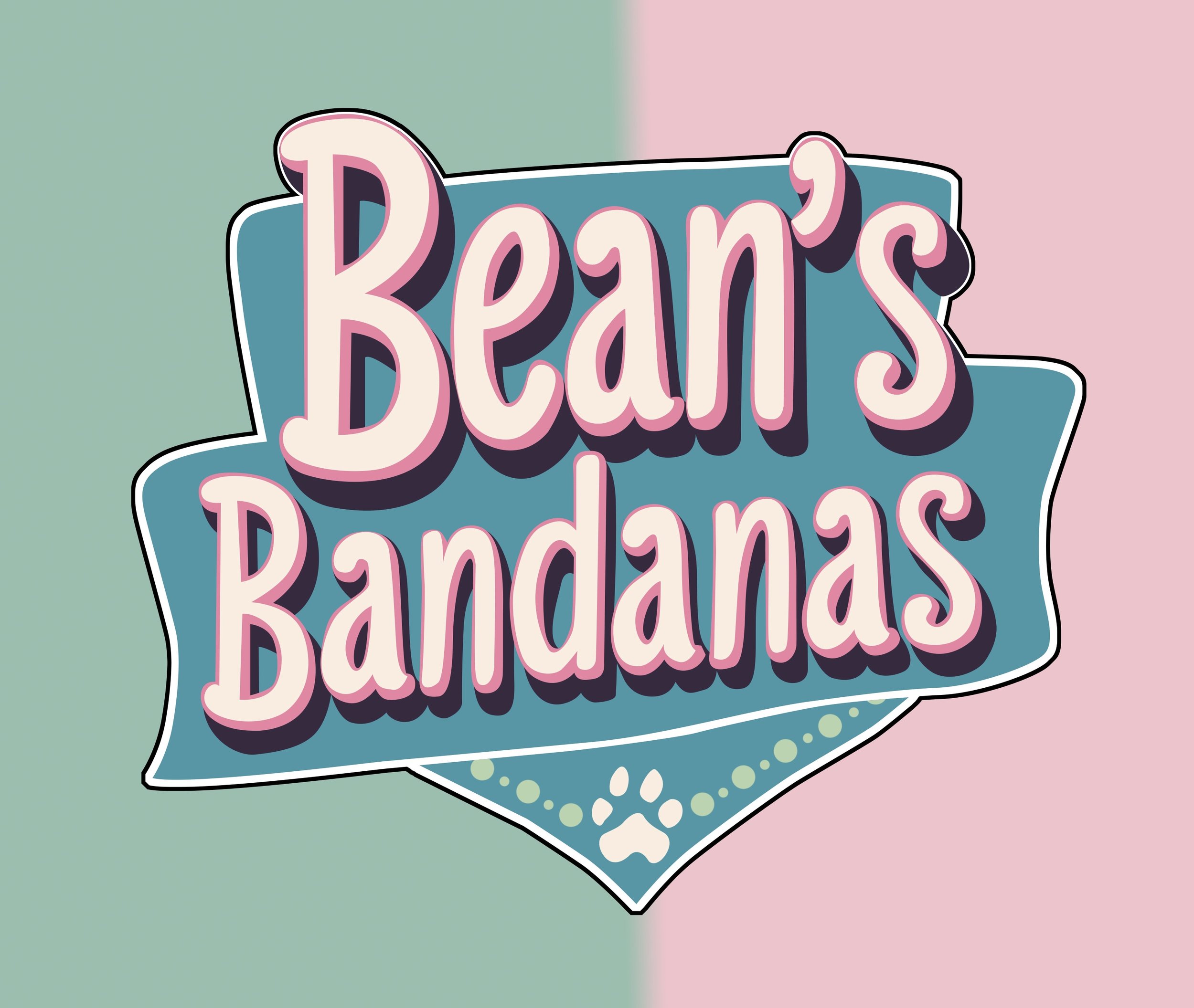 Logo for 'Bears & Bandanas' with pastel green and pink background, featuring stylized text inside a banner with a paw print and dotted decoration.