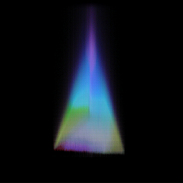 Colorful light beam projection with gradients of purple, blue, green, and pink on a black background.