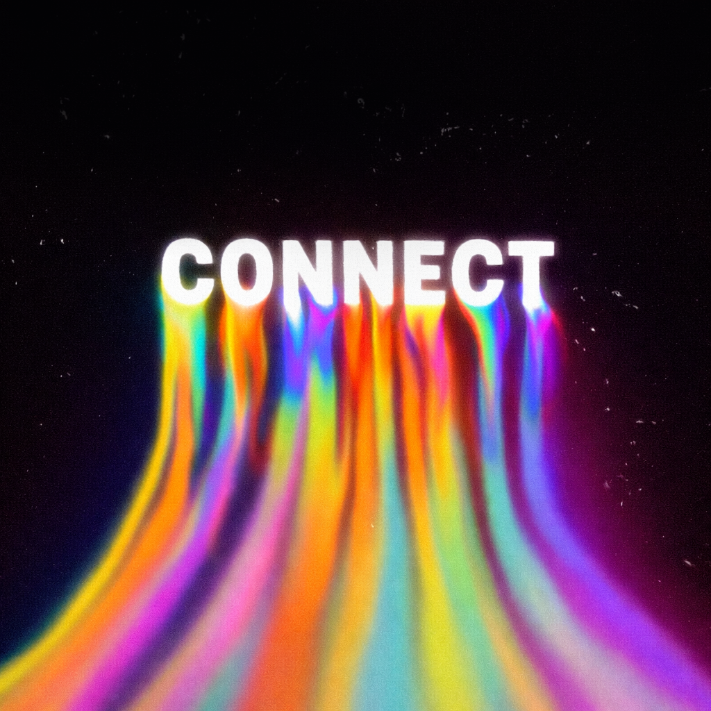 The word 'CONNECT' written in white on a black background with colorful light trails streaming downward from the letters.