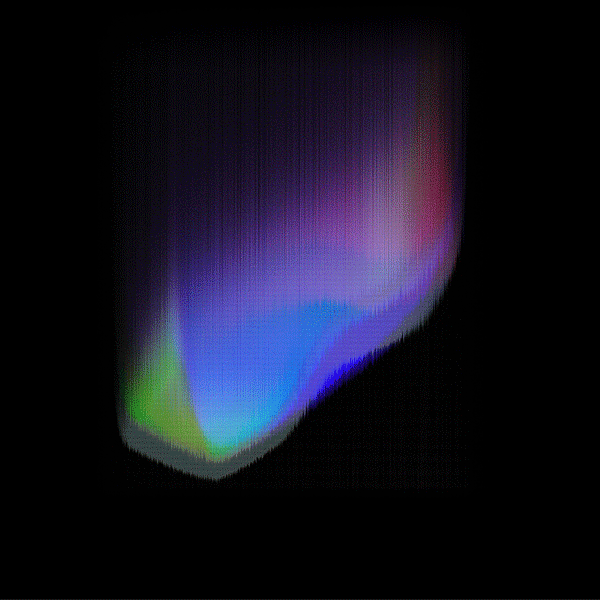 Colorful abstract light display with gradients of purple, blue, green, and red on a black background.