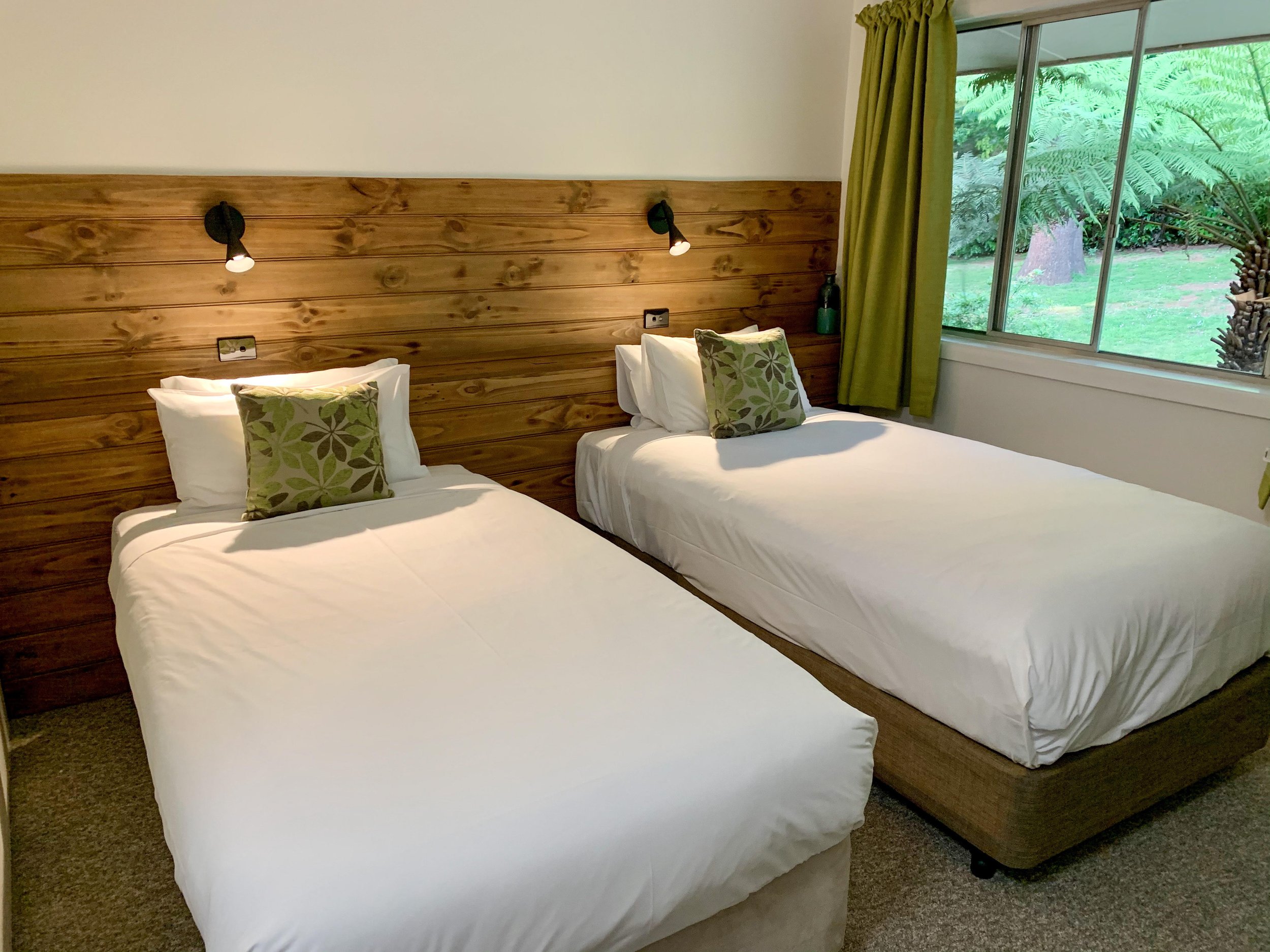 Two single beds with white linens and decorative pillows, a wooden headboard with black reading lamps, a window with green curtains showing an outdoor scene with trees.
