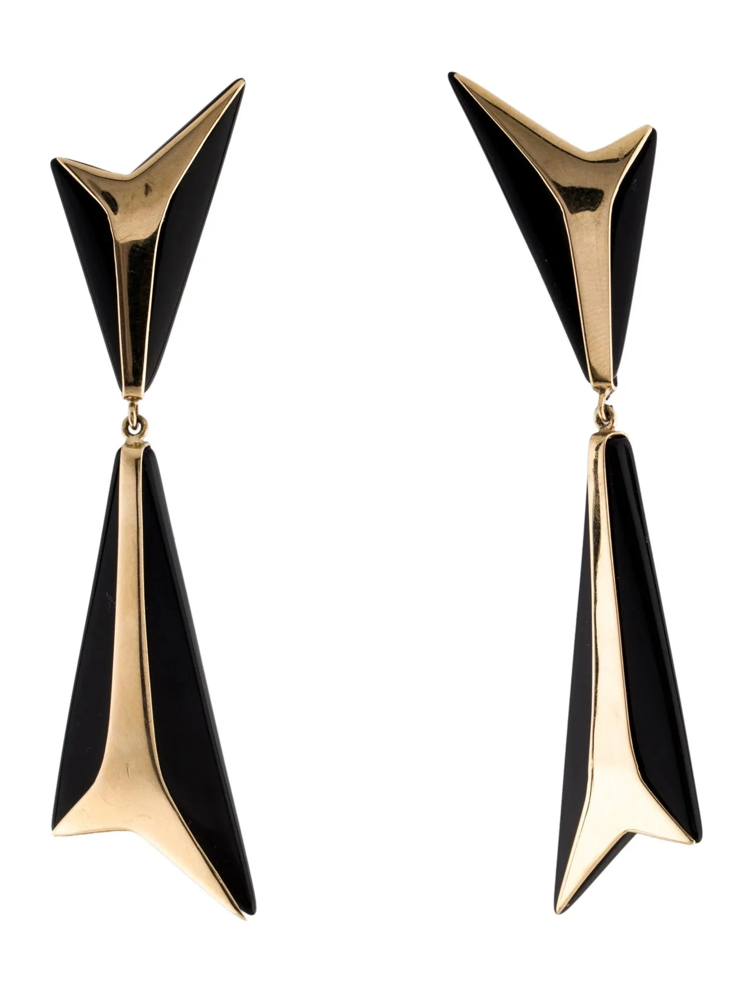 Pair of geometric black and gold earrings with a pointed, arrow-like design.