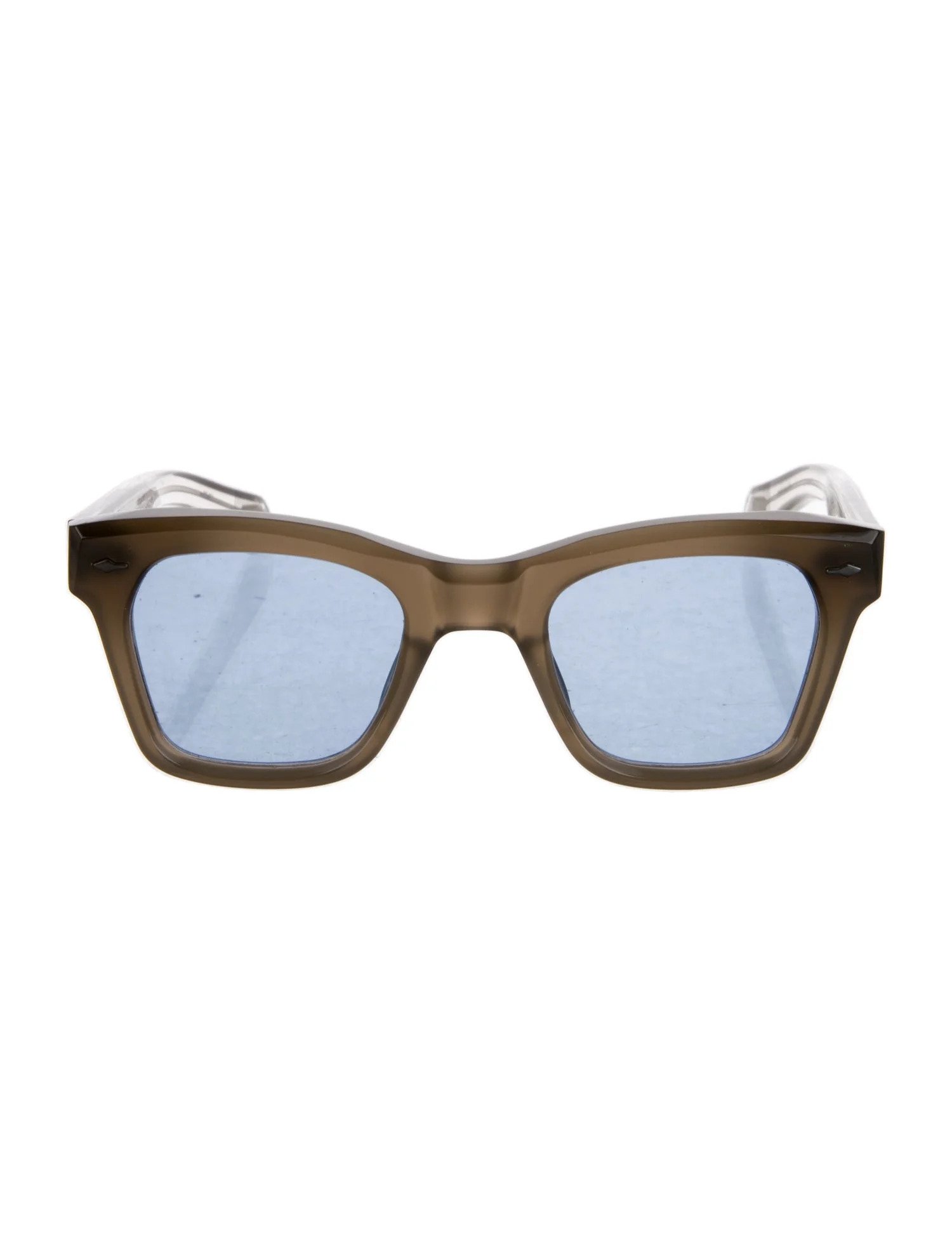 Brown sunglasses with light blue tinted lenses on a white background.