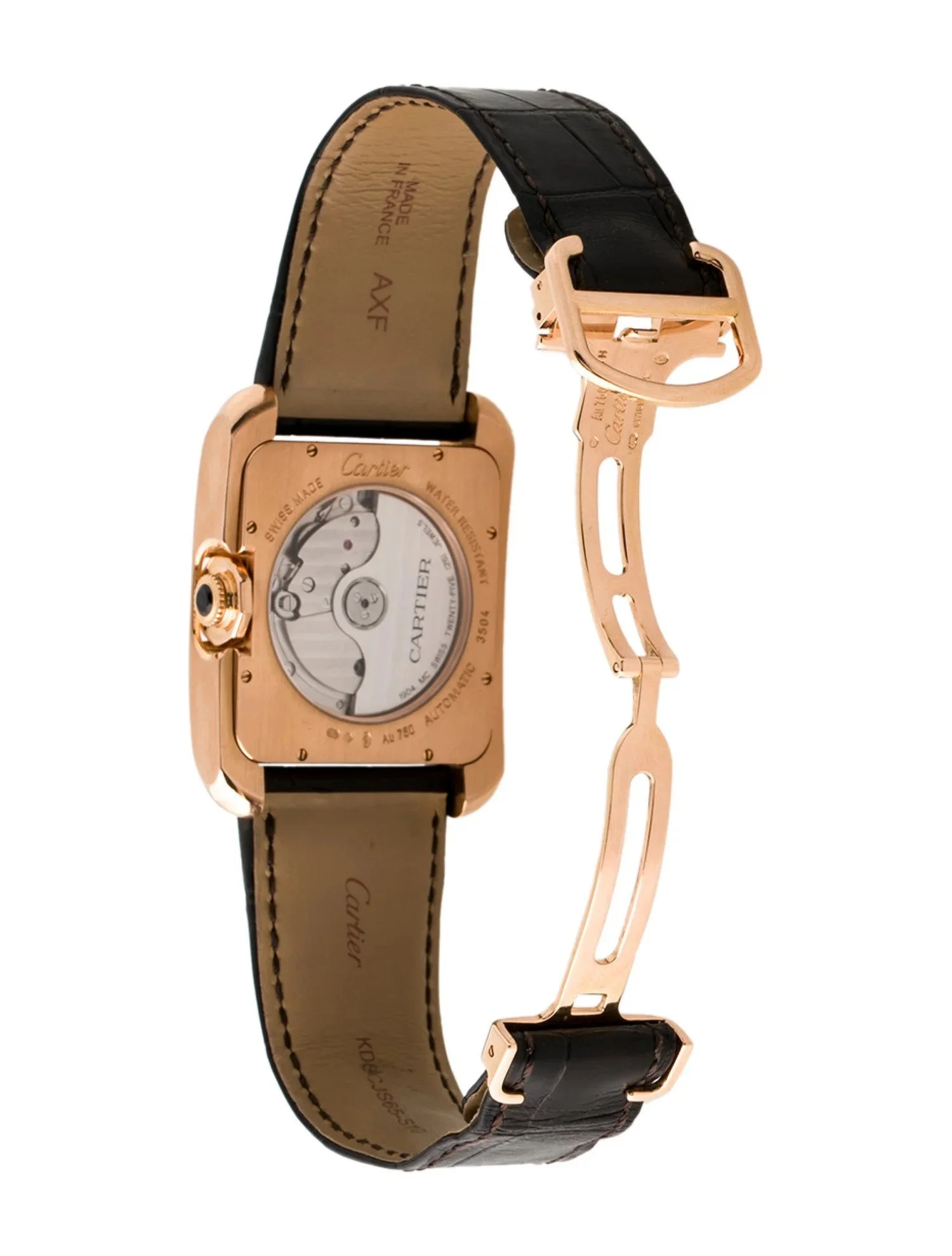 Back of a Cartier smartwatch with a rose gold case, black leather strap, and visible internal mechanism through the transparent case back.