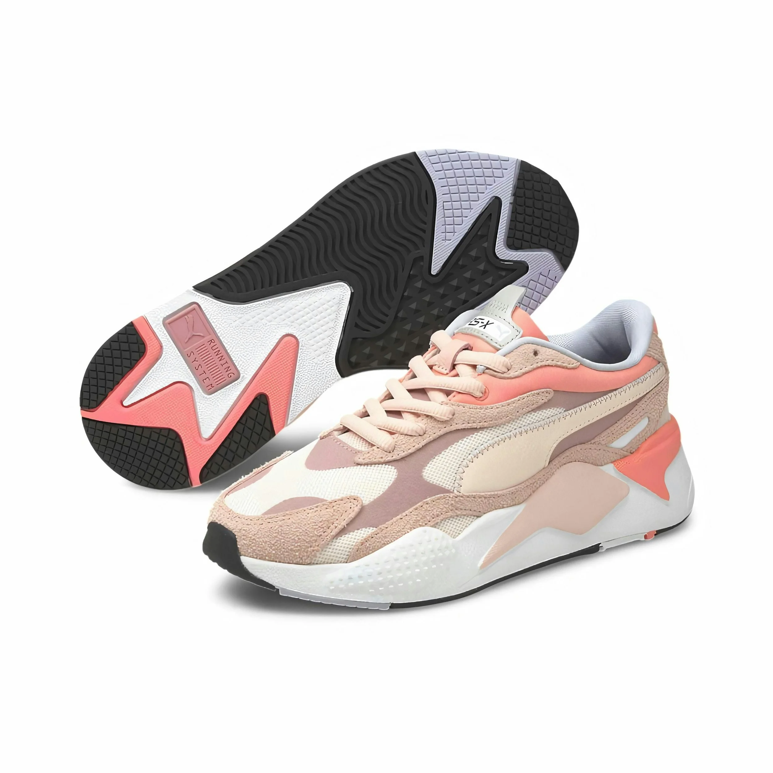 Colorful athletic sneakers in pink, beige, and white with black and purple outsole details.