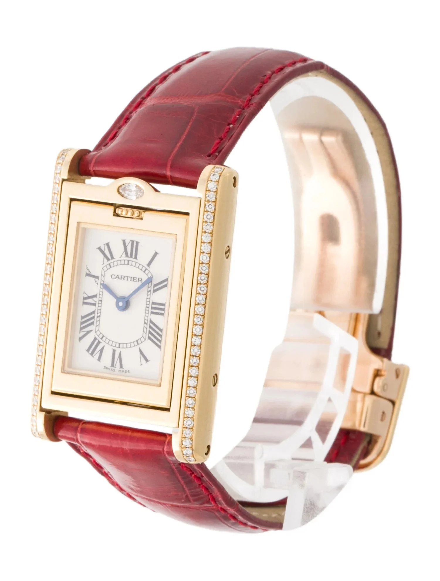 Gold Cartier wristwatch with diamond accents and a red leather strap.