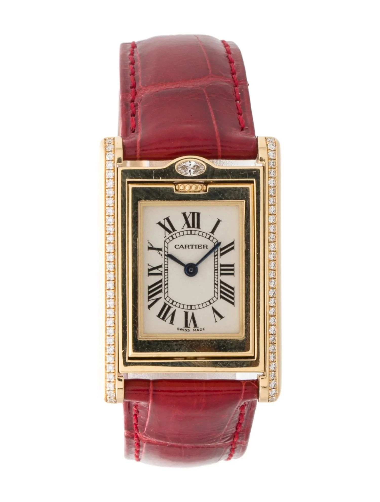 A gold Cartier wristwatch with diamond accents on a red leather strap, rectangular face with Roman numerals, and black hands.