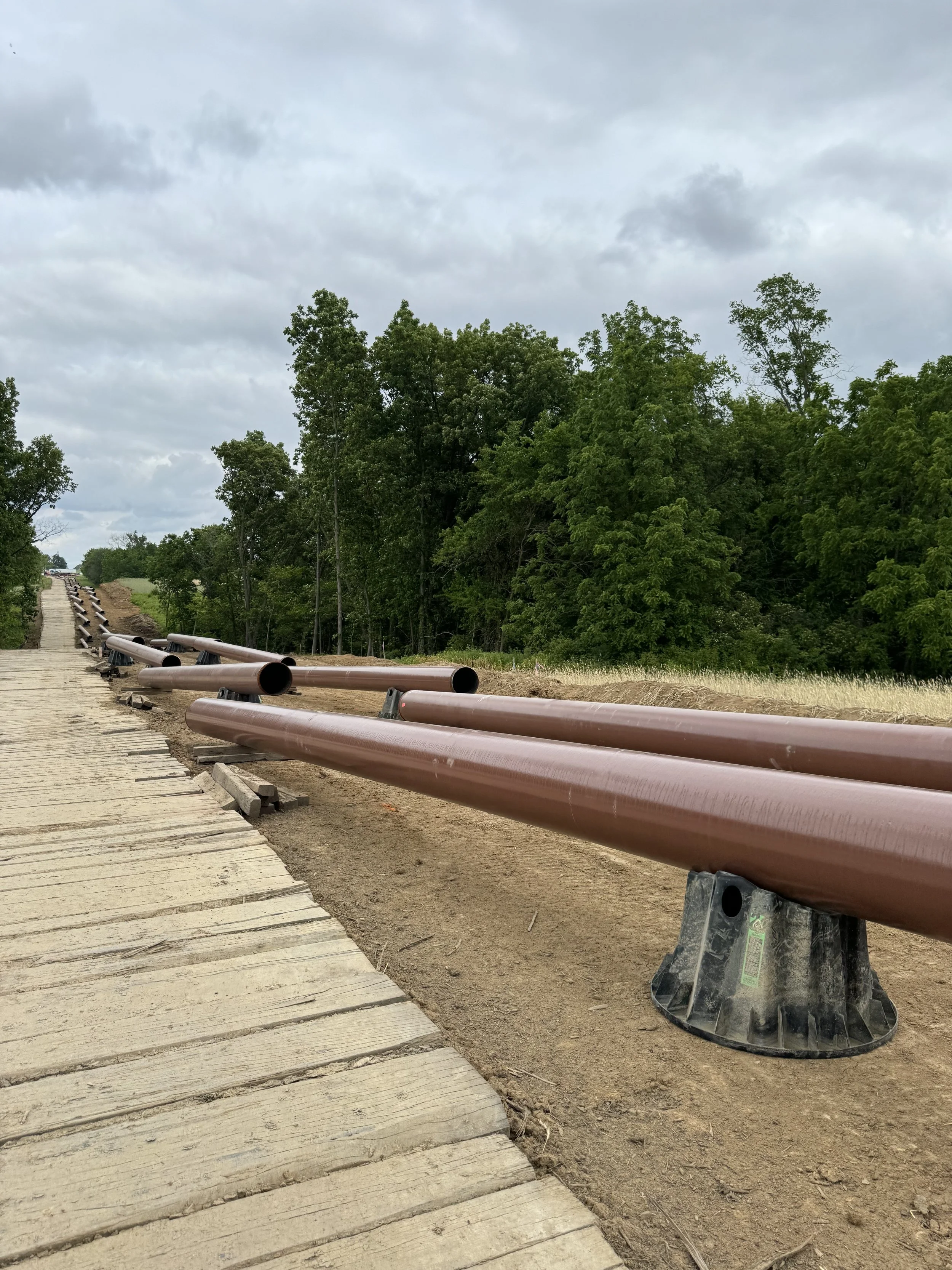 View of a rural construction site with brown pipes laid along the side of a dirt path, with trees and overcast sky in the background.