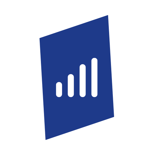 A blue rectangular icon with a white bar chart showing four ascending bars.