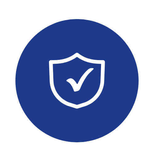 Blue circular icon with a white shield and checkmark in the center.