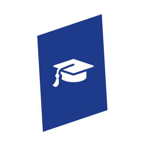 Blue background with white graduation cap icon.