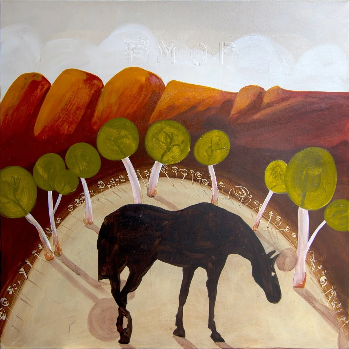 Painting of a black horse against a stylised landscape