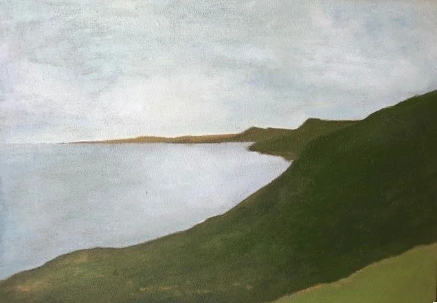 A landscape painting of green rolling hills sheltering a still cove