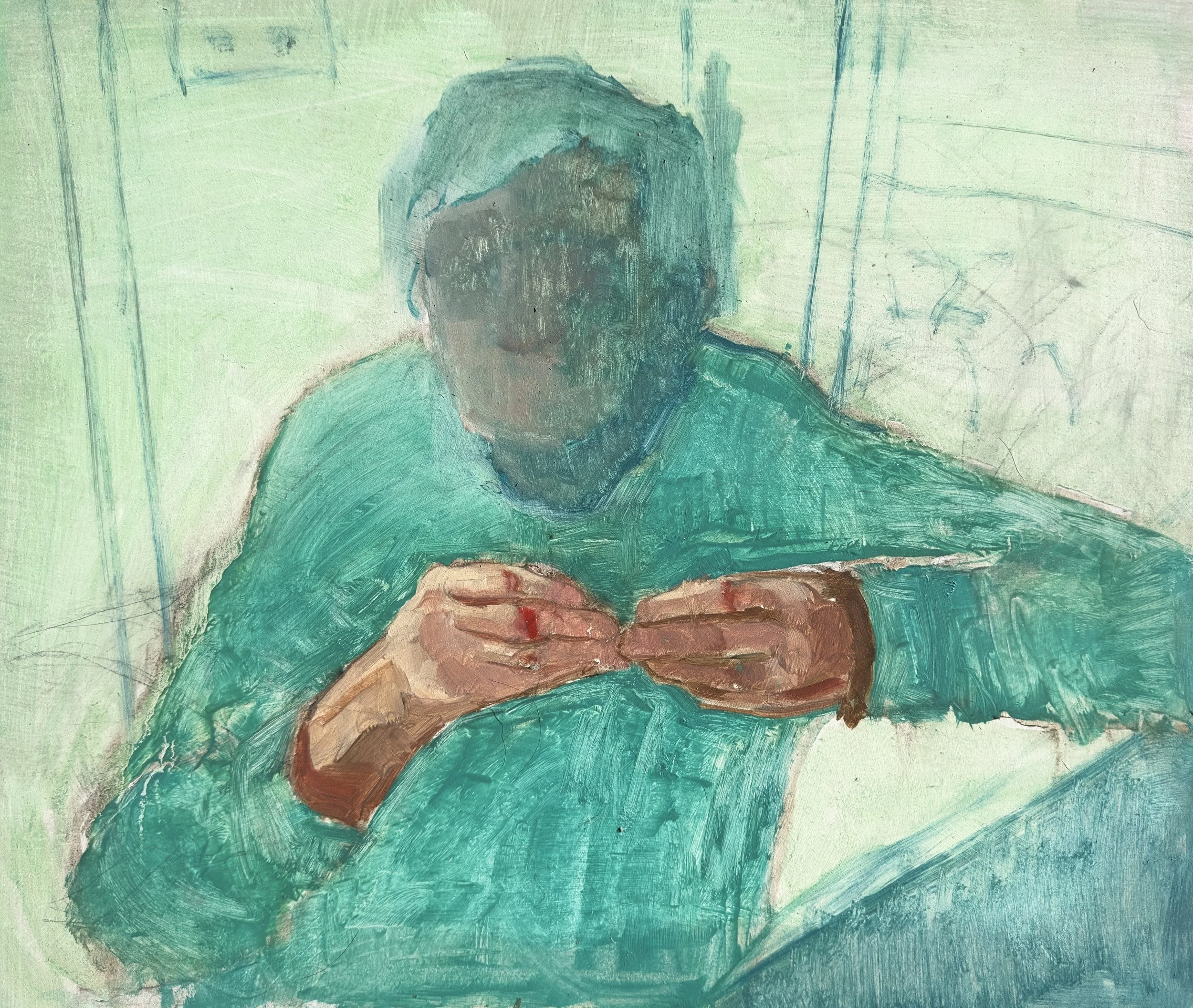 A oil painted portrait of a woman, in green with hands prominent