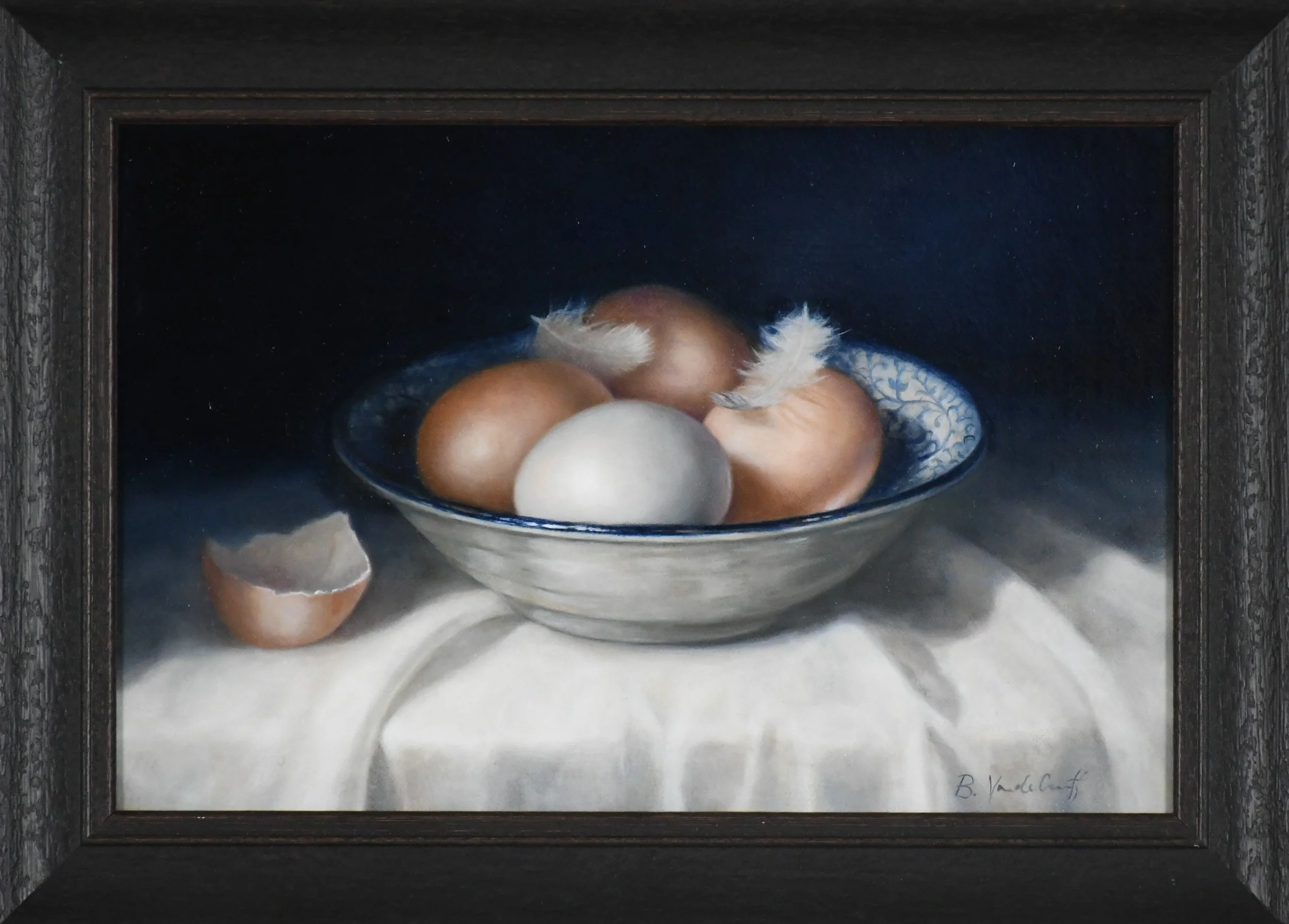 A still life classical realist oil painting of eggs in a bowl