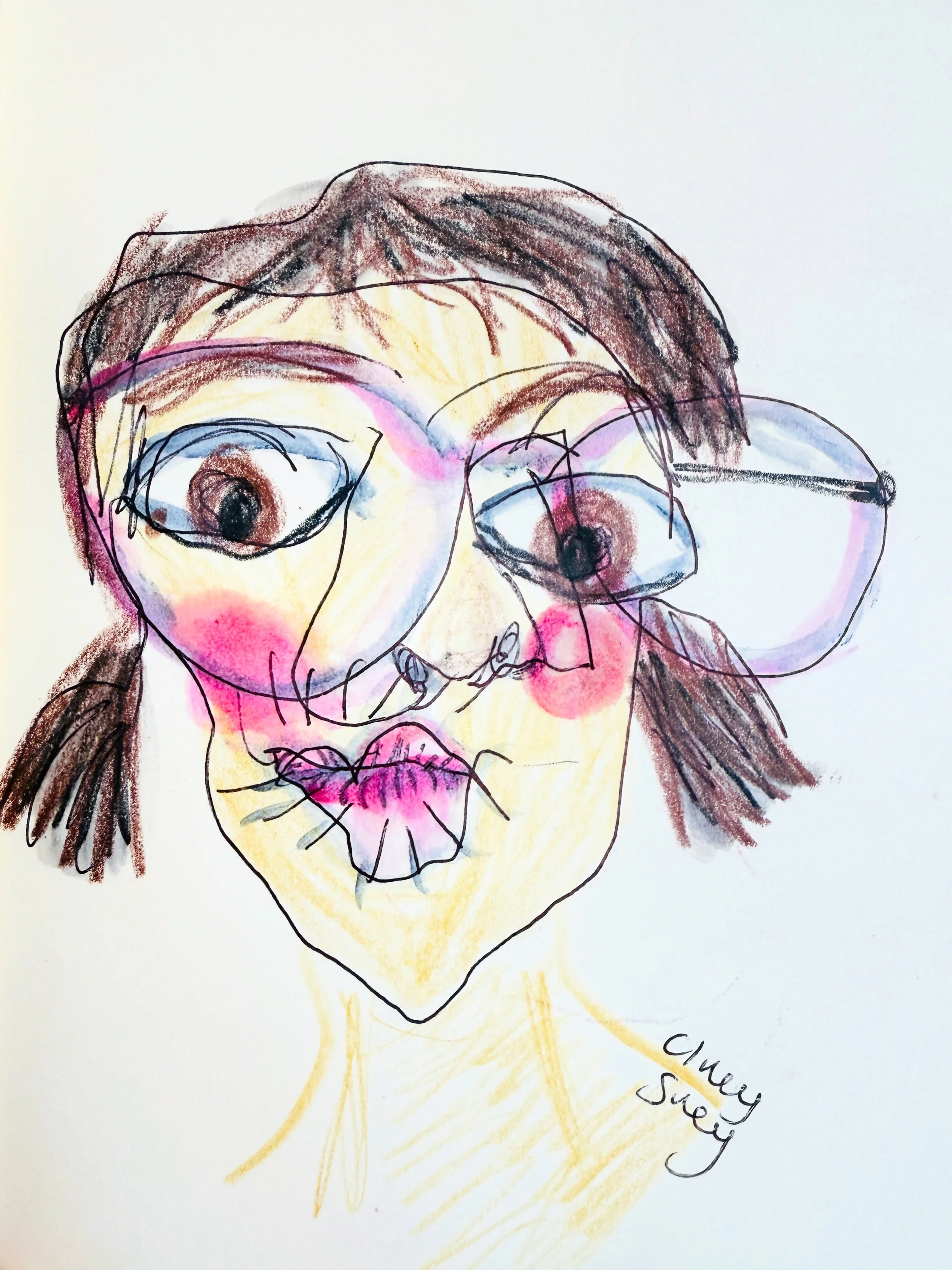 A caricature style self portrait drawn in ink and coloured pencil