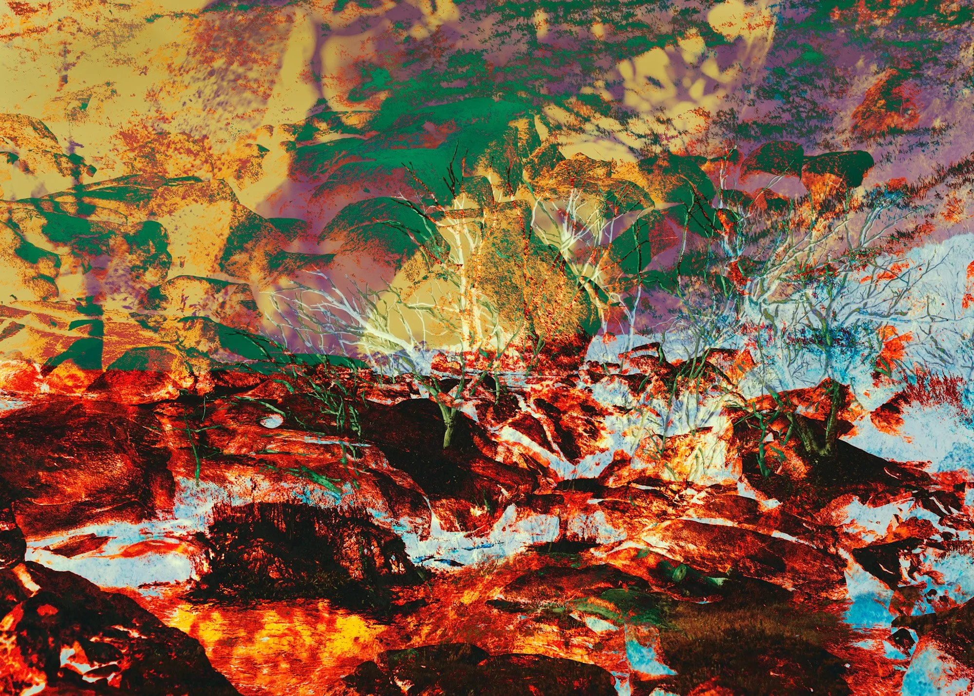 An abstract landscape image depicting fire and rocks and trees