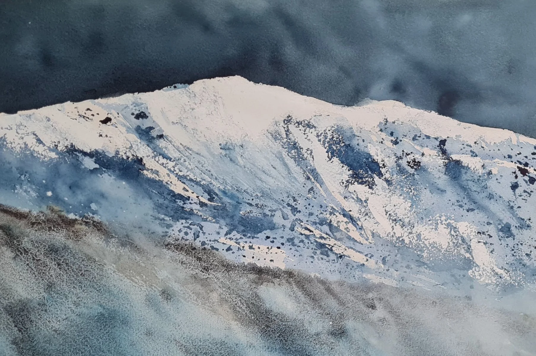 Watercolour painting of a snowy mountain