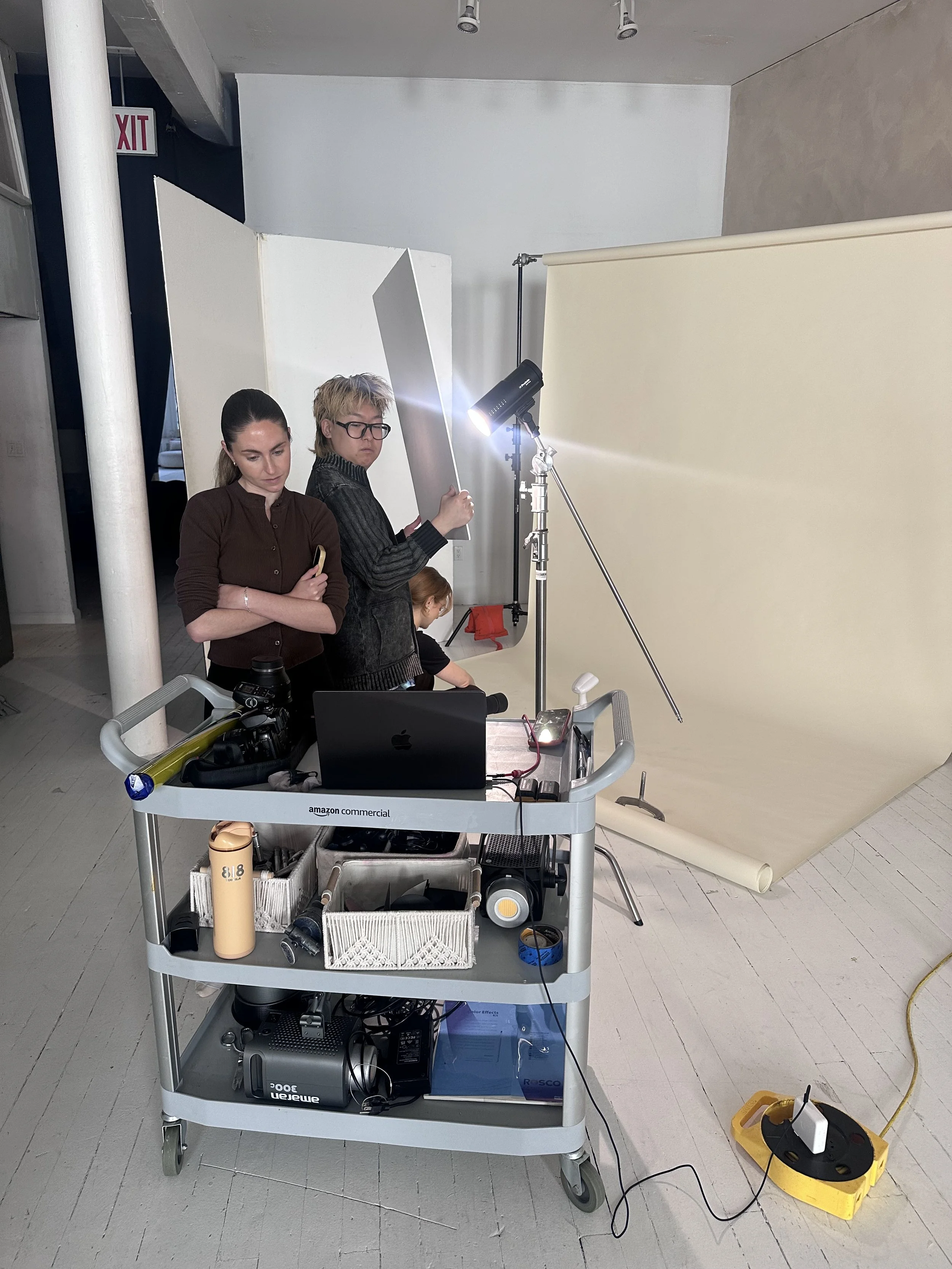 Photoshoot set with lighting equipment in the LeVue Loft photo studio rental in Union Square. NYC