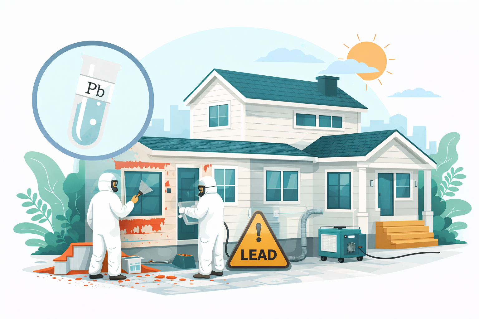 Person in white protective suit, gloves, and mask using an electric tool to remove paint or debris from a window frame on a house with blue siding. A blue spray bottle is on the window sill.