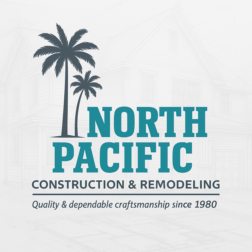 Logo for North Pacific Construction & Remodeling featuring two palm trees above the company name and slogan, with a faint outline of a house in the background.