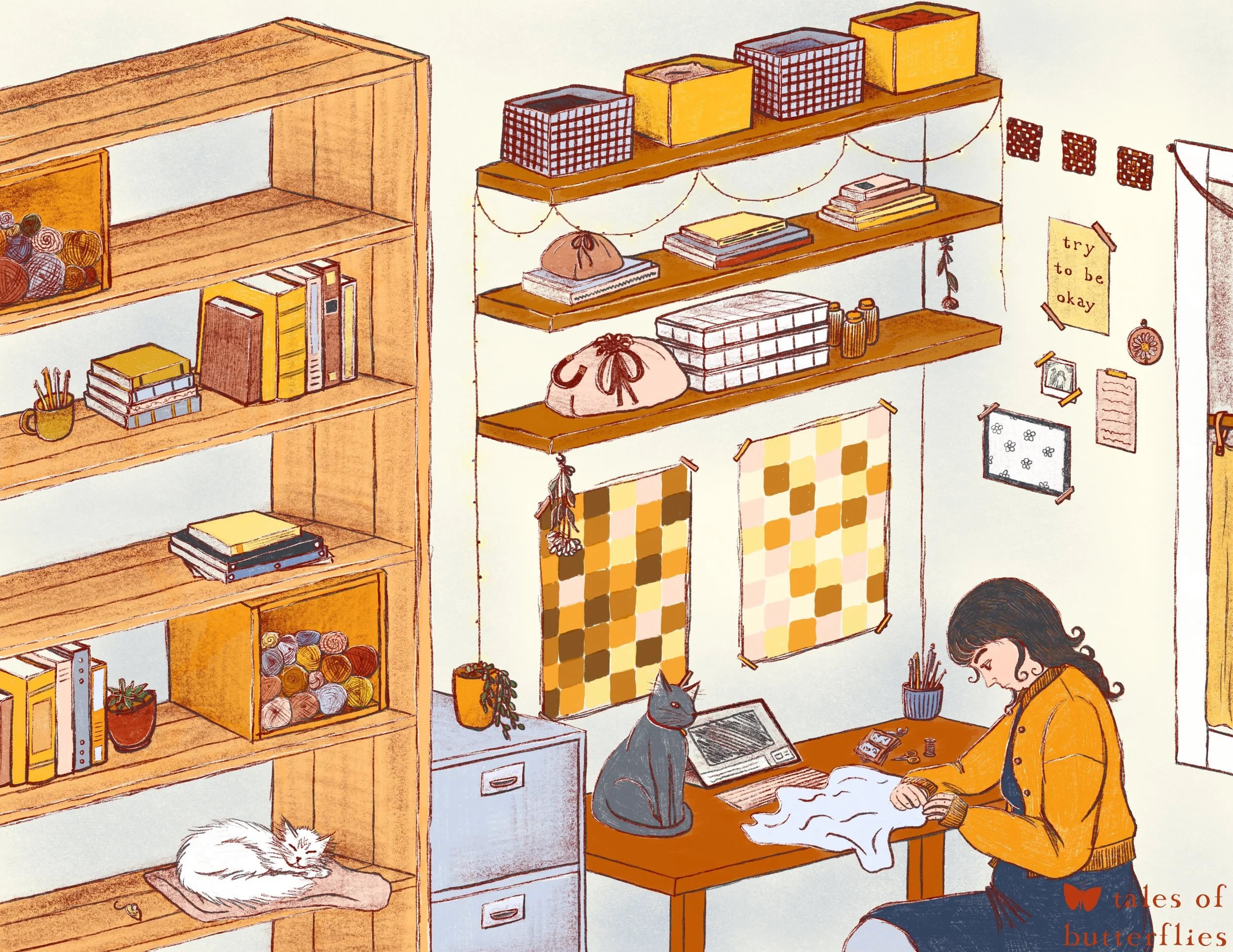 new fiber artist workspace illustration