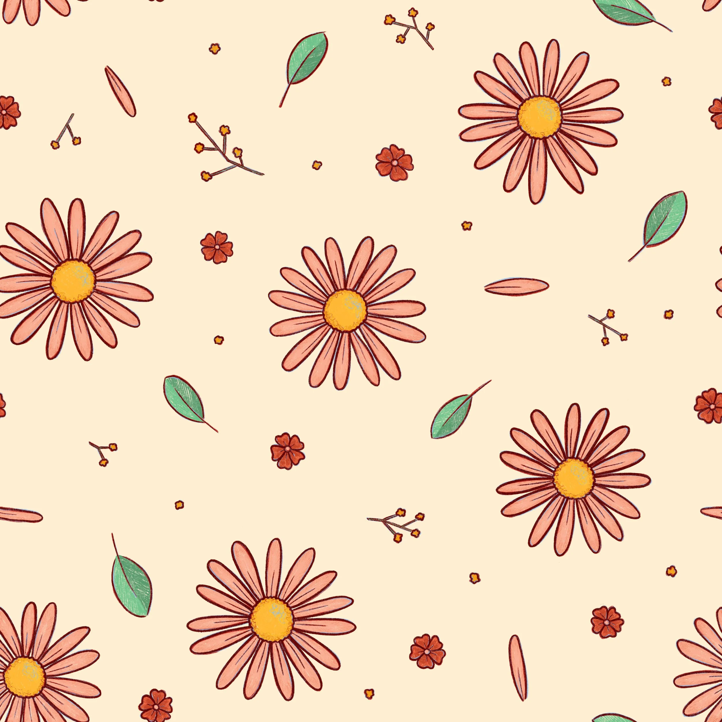 retro pink daisies and green leaves.jpg