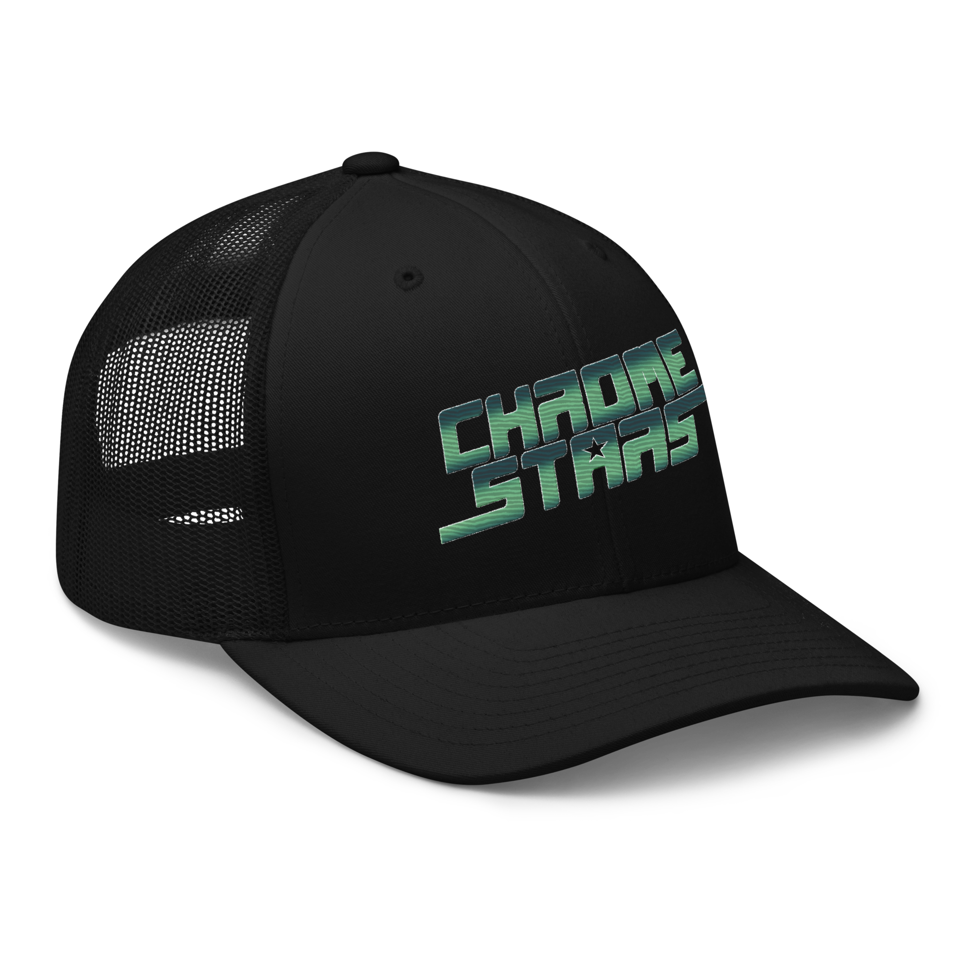 Black baseball cap mock-up featuring the CHROME STARS logo in a grey and neon green ombre embroidered colorway.