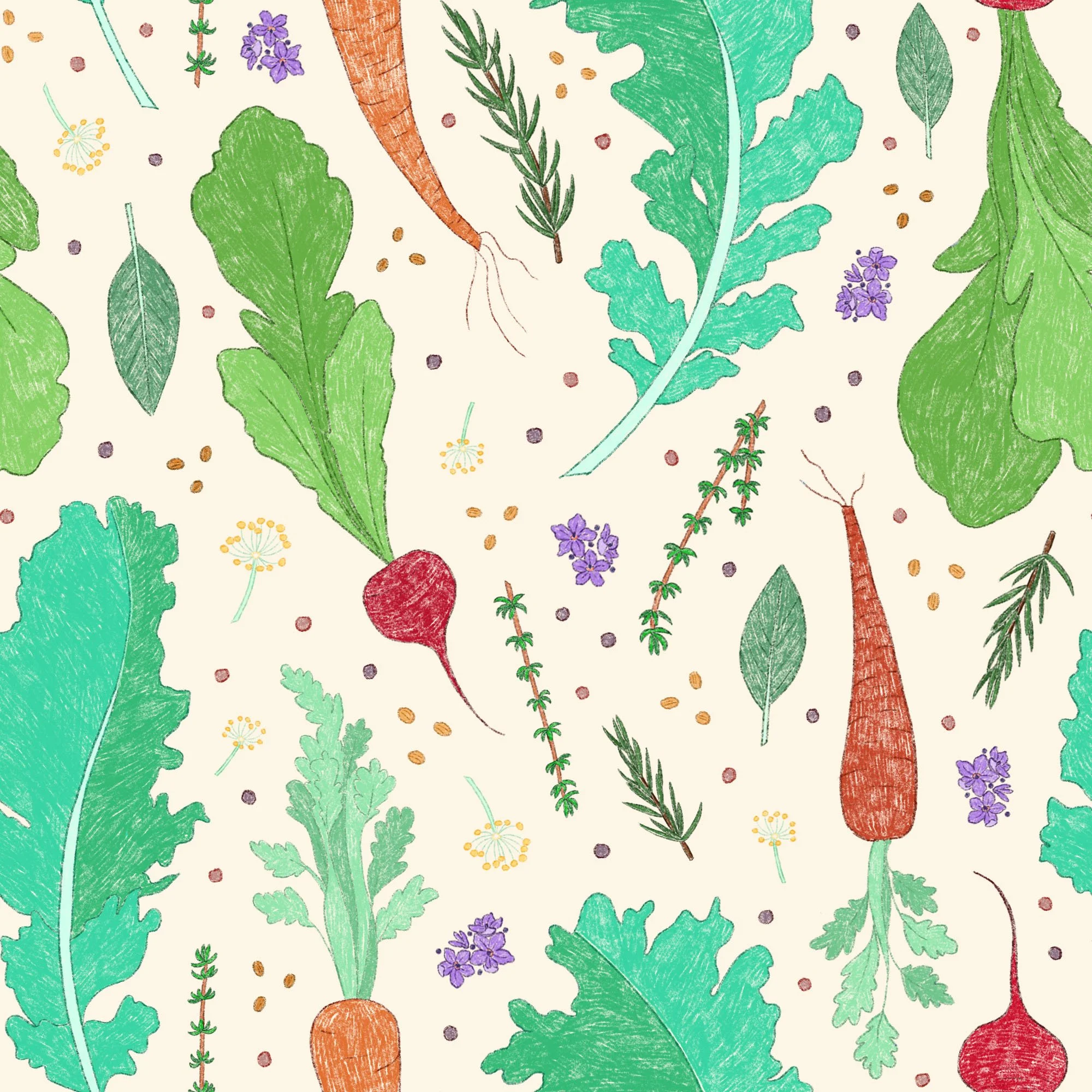 A seamless pattern block featuring various vegetables and herbs, carrots, radishes, kale, dill, rosemary in full color on an off-white background.