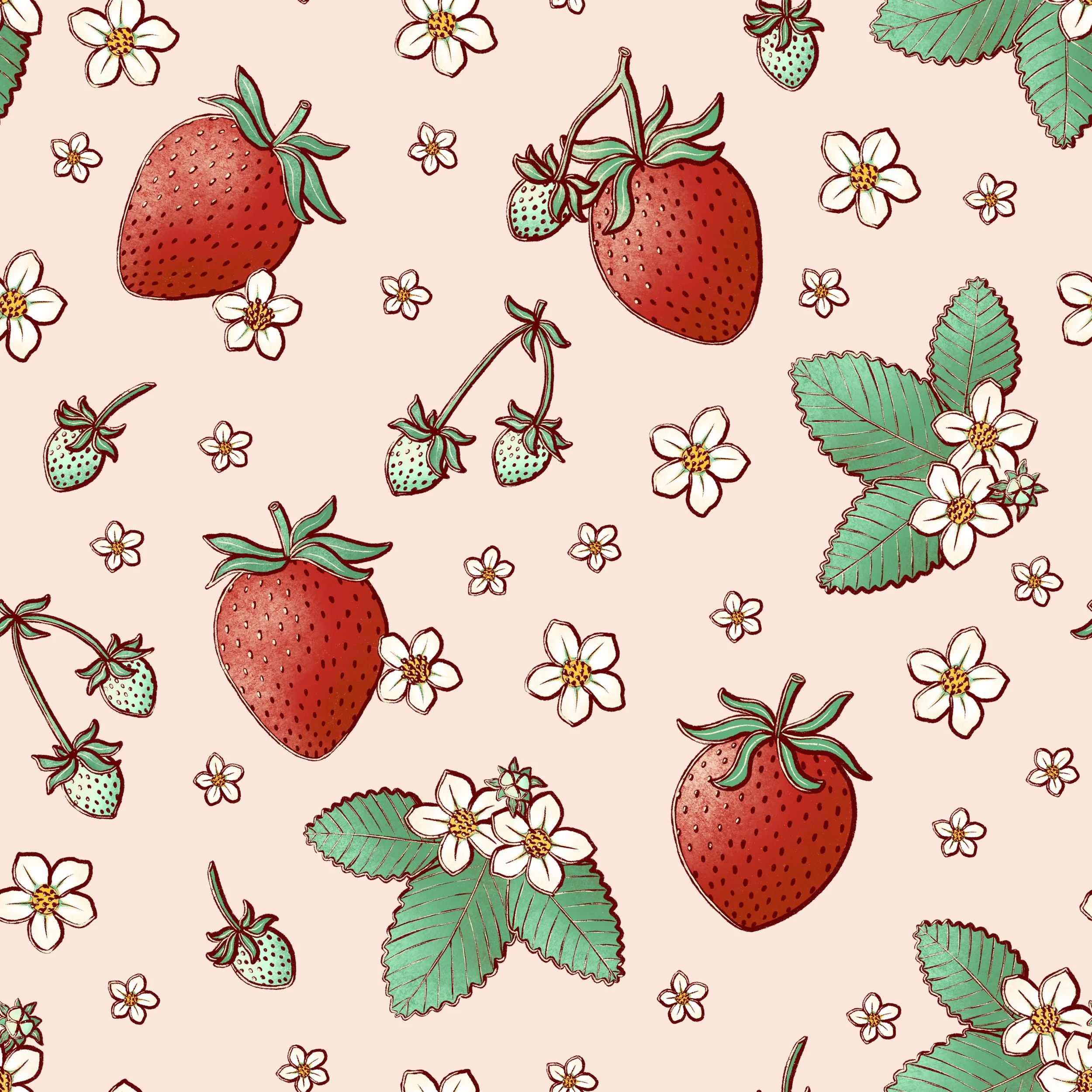 Repeating seamless pattern featuring illustrated strawberries and their blooms.