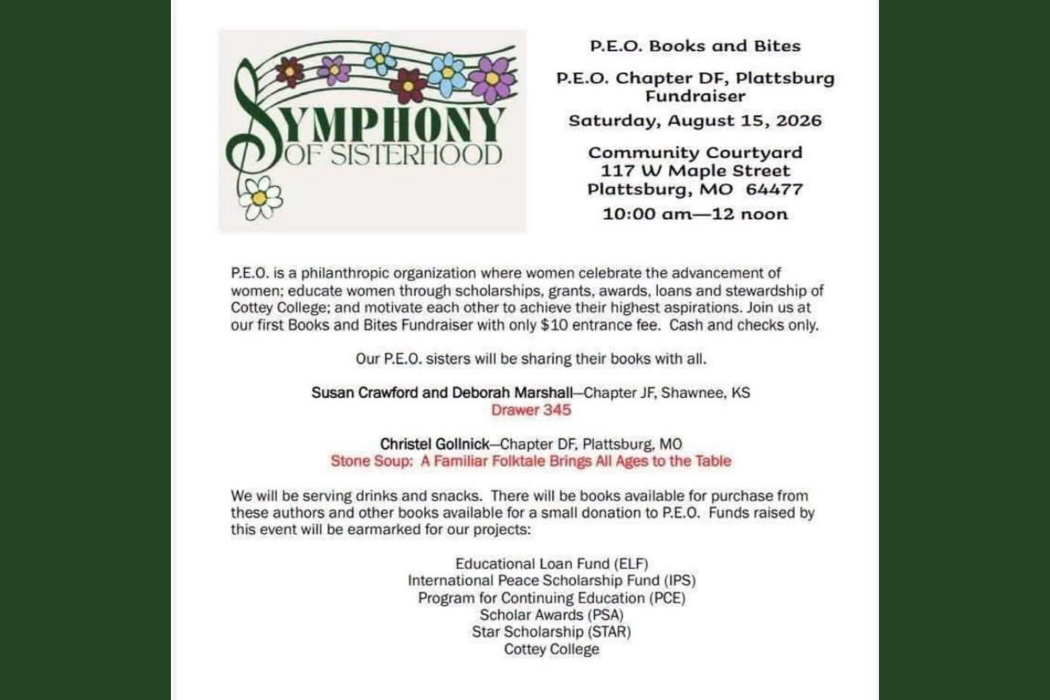 P.E.O. Chapter DF, Plattsburg Fundraiser