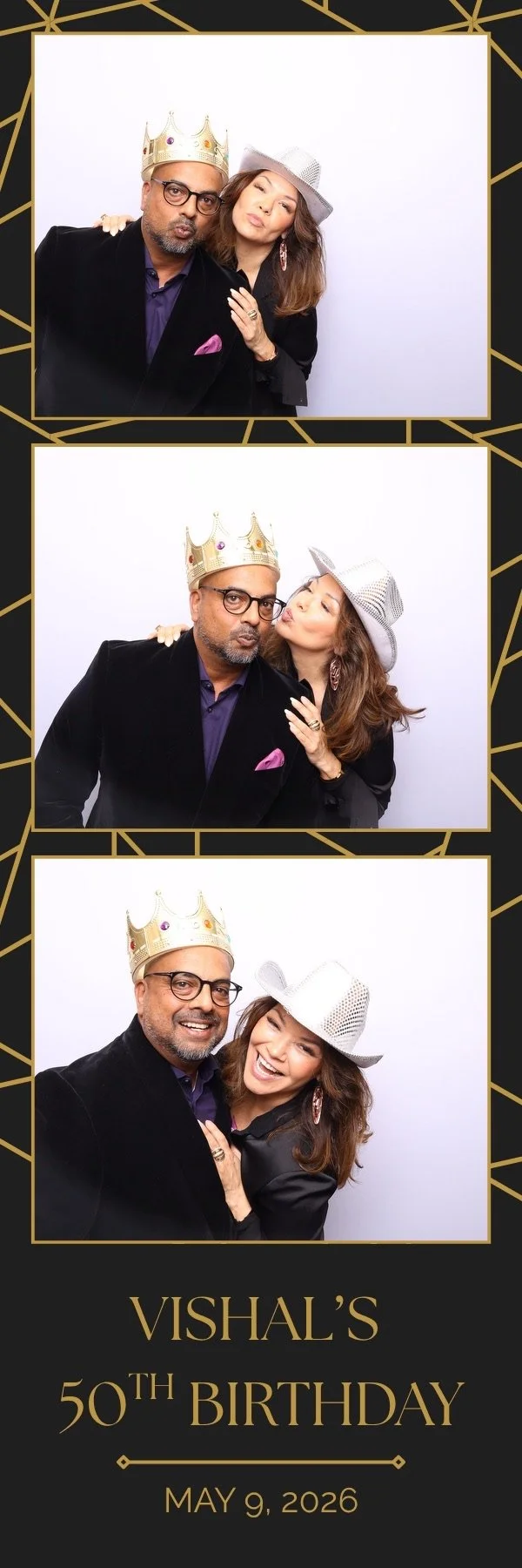 A photo booth strip showing a man and a woman celebrating Vishal's 50th birthday on May 9, 2026. The man wears a gold crown, glasses, and a dark blazer, while the woman wears a white hat and large earrings. They are making funny faces and smiling.
