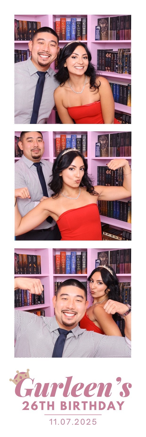 Photo booth collage of a man and woman celebrating Gurleen's 26th birthday, with a pink bookshelf background and a birthday message at the bottom.
