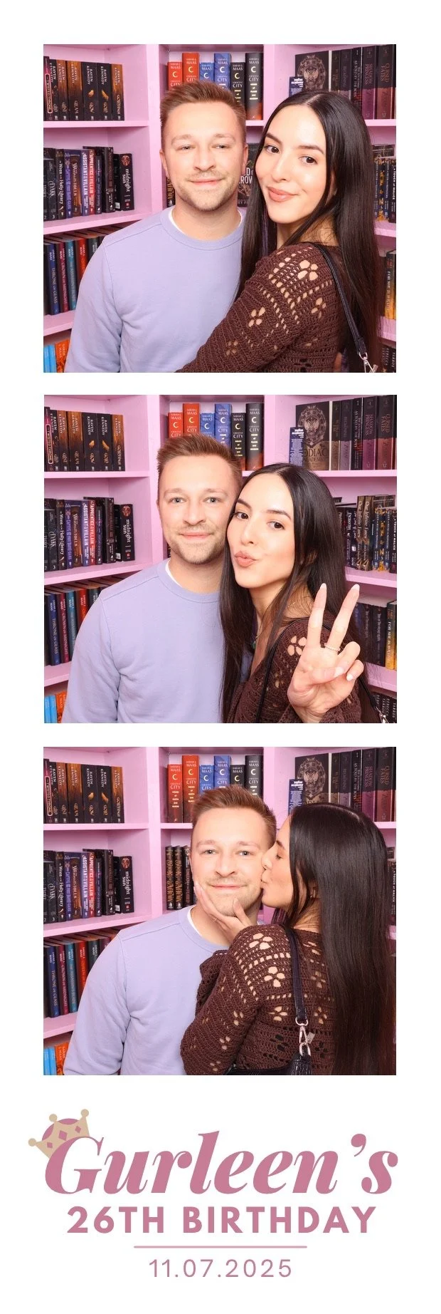 Photo booth strip with three pictures of a man and woman in front of a pink bookshelf filled with books. The bottom displays birthday celebration text for Gurleen's 26th birthday on November 7, 2025.